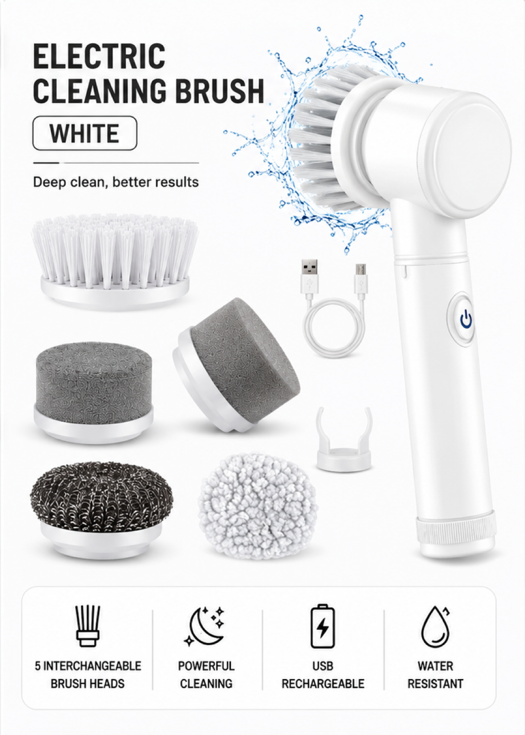 5-in-1 Electric Cleaning Brush | Wireless Power Scrubber for Kitchen & Bathroom