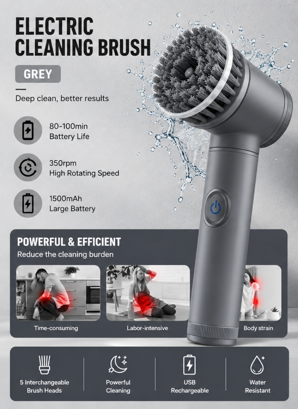 5-in-1 Electric Cleaning Brush | Wireless Power Scrubber for Kitchen & Bathroom